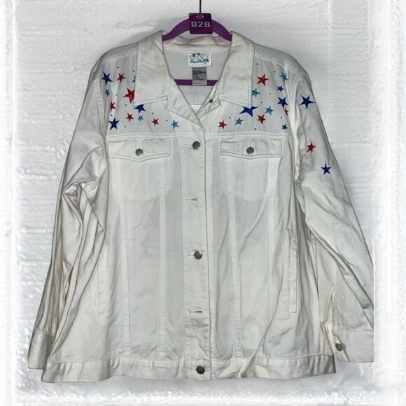 Quacker Factory Women’s Size 1X Patriotic Denim Jacket • White Angel Stars GUC - Picture 1 of 3